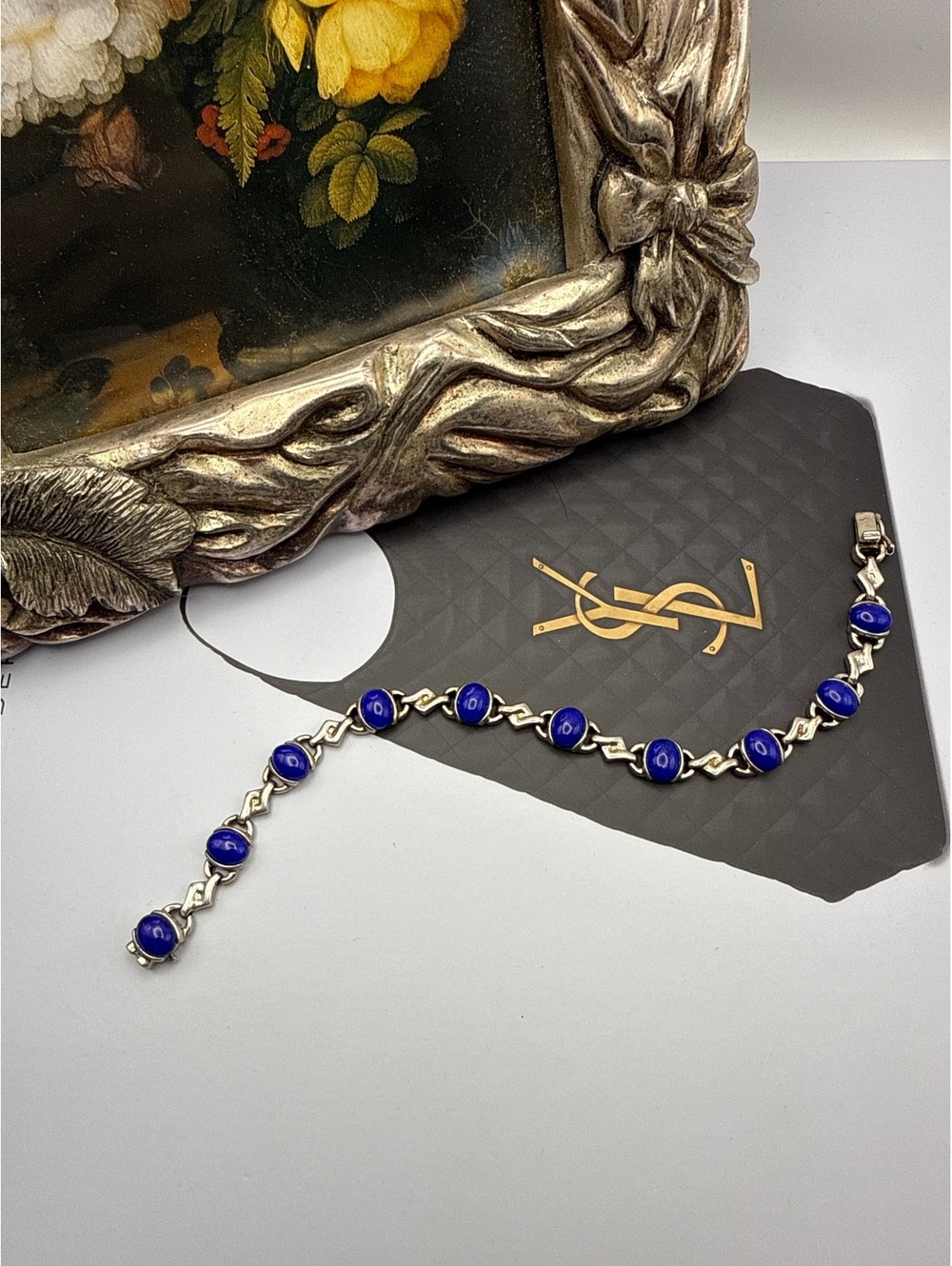 Vintage 925 Sterling Silver Lapis Lazuli Link Bracelet 7.5" Signed